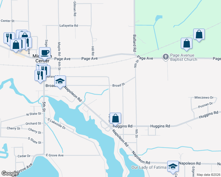 map of restaurants, bars, coffee shops, grocery stores, and more near 439 Broad Street in Michigan Center