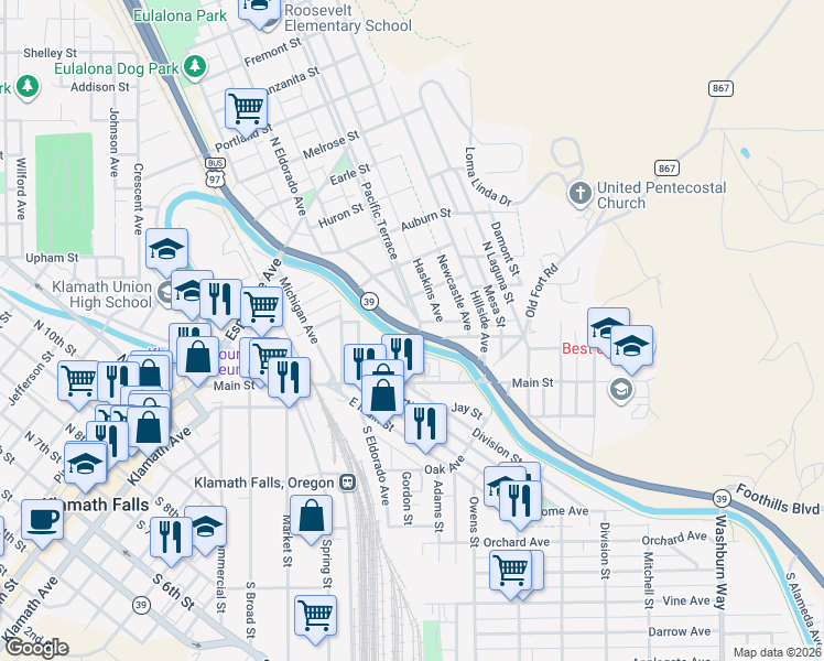 map of restaurants, bars, coffee shops, grocery stores, and more near 220 Crater Lake Parkway in Klamath Falls