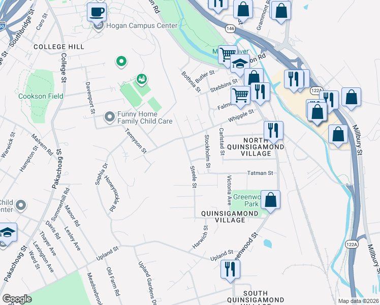 map of restaurants, bars, coffee shops, grocery stores, and more near 16 Steele Street in Worcester