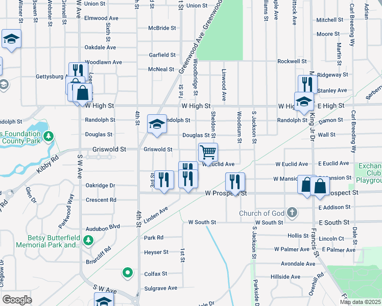 map of restaurants, bars, coffee shops, grocery stores, and more near 309 Griswold Street in Jackson