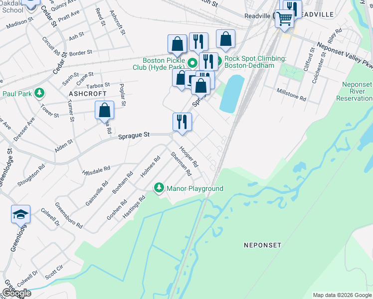 map of restaurants, bars, coffee shops, grocery stores, and more near 42 Hooper Road in Dedham