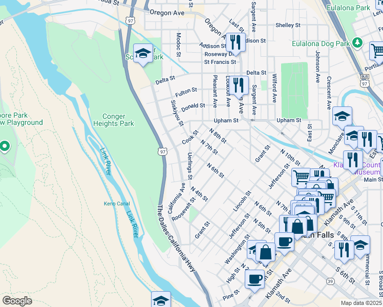 map of restaurants, bars, coffee shops, grocery stores, and more near 520 Doty Street in Klamath Falls