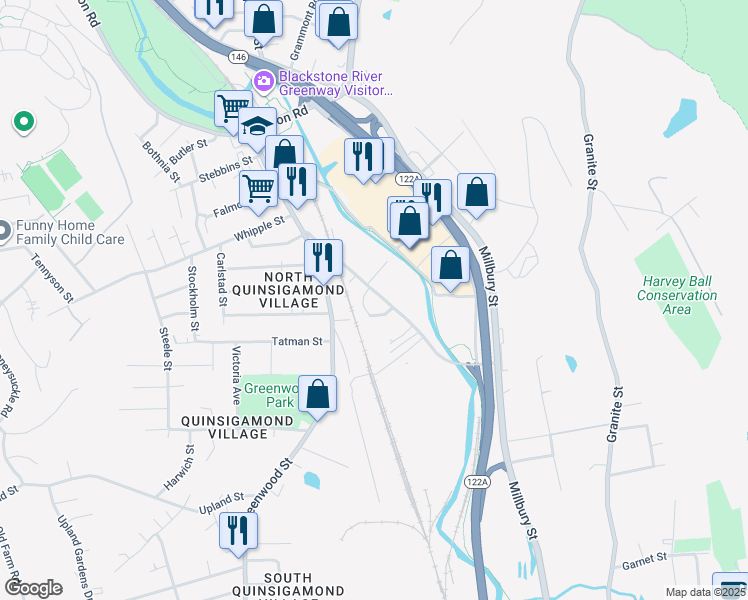 map of restaurants, bars, coffee shops, grocery stores, and more near 16 Dexter Street in Worcester