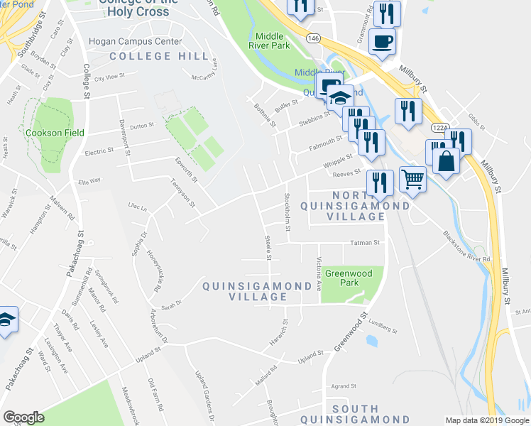 map of restaurants, bars, coffee shops, grocery stores, and more near 16 Steele Street in Worcester