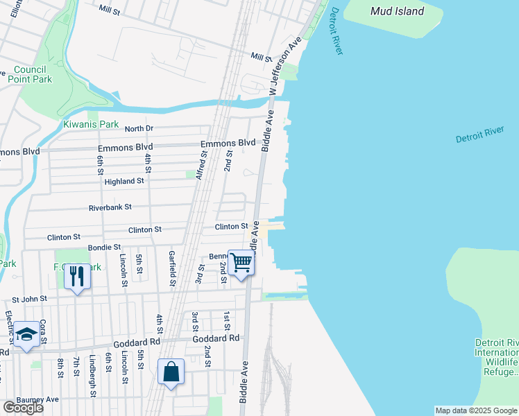 map of restaurants, bars, coffee shops, grocery stores, and more near 439 Biddle Avenue in Wyandotte