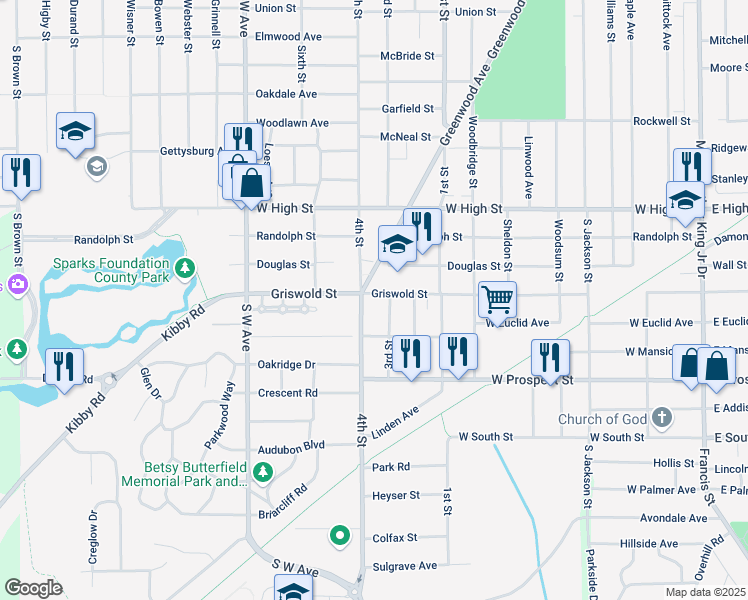 map of restaurants, bars, coffee shops, grocery stores, and more near 1610 4th Street in Jackson