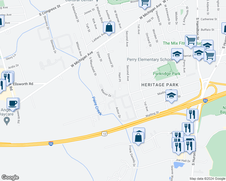 map of restaurants, bars, coffee shops, grocery stores, and more near 693 Arbor Drive in Ypsilanti