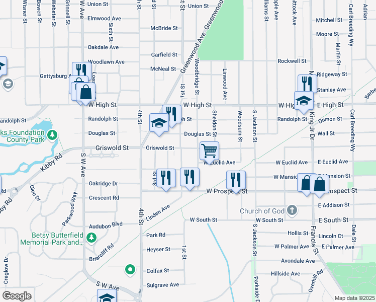 map of restaurants, bars, coffee shops, grocery stores, and more near 313 Griswold Street in Jackson