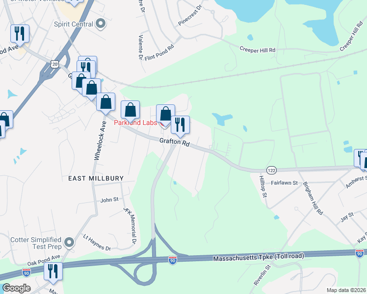 map of restaurants, bars, coffee shops, grocery stores, and more near 1516 Grafton Road in Millbury