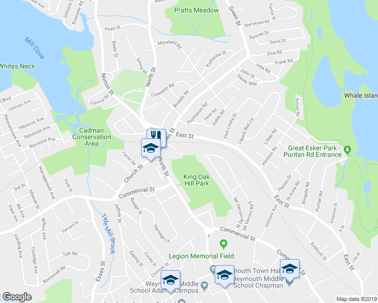 map of restaurants, bars, coffee shops, grocery stores, and more near 20 Eden Street in Weymouth