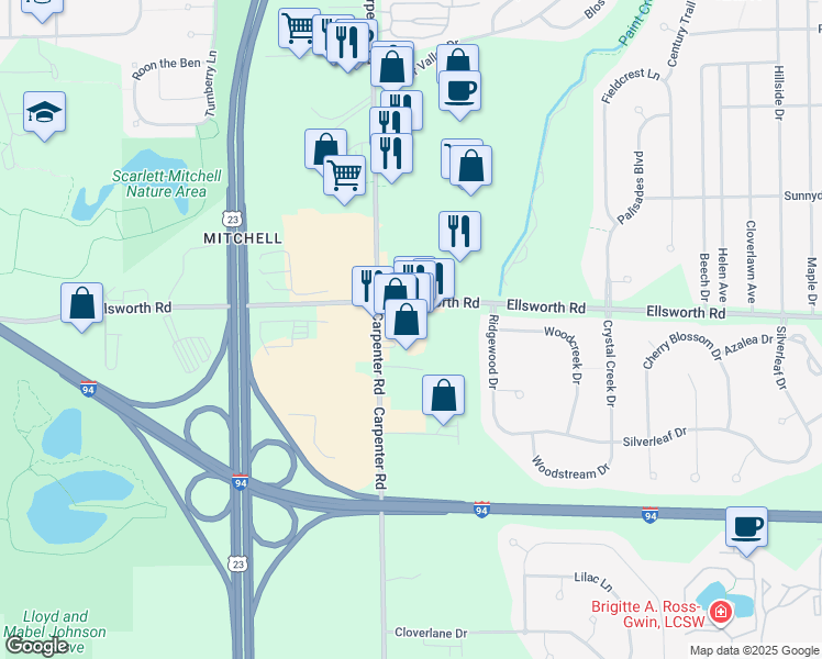 map of restaurants, bars, coffee shops, grocery stores, and more near 4039 Carpenter Road in Ypsilanti