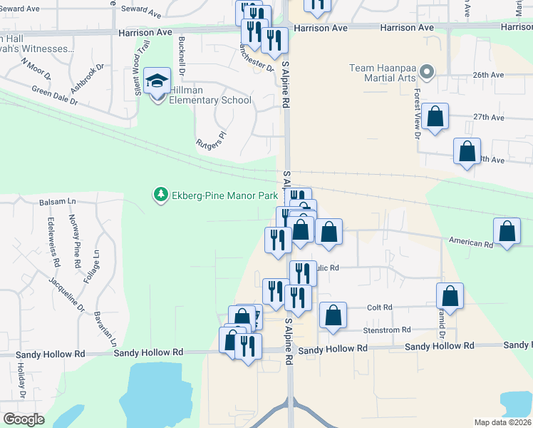 map of restaurants, bars, coffee shops, grocery stores, and more near 4415 O Connell Street in Rockford