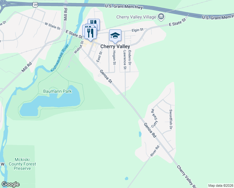 map of restaurants, bars, coffee shops, grocery stores, and more near 651 Genoa Street in Cherry Valley