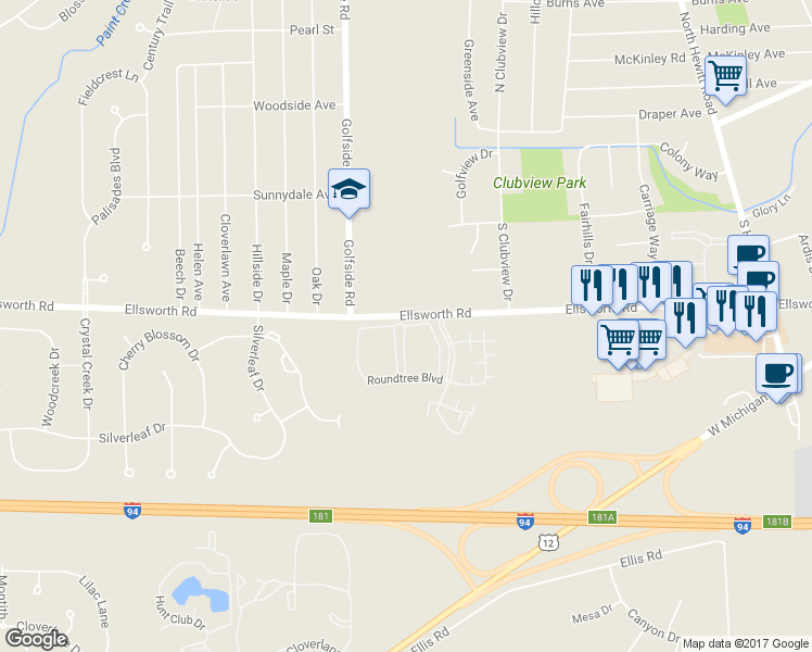 map of restaurants, bars, coffee shops, grocery stores, and more near 2939 Roundtree Boulevard in Ypsilanti