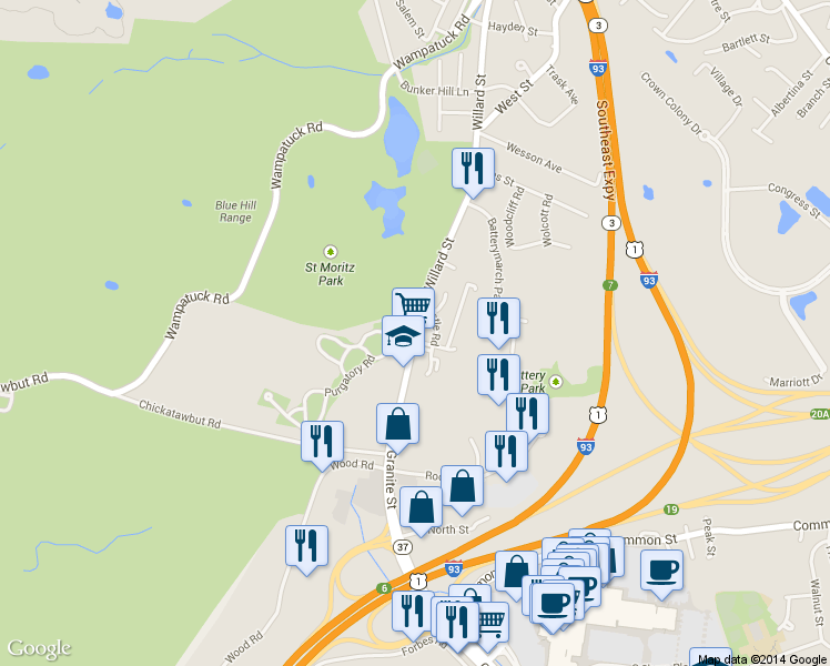map of restaurants, bars, coffee shops, grocery stores, and more near in Quincy