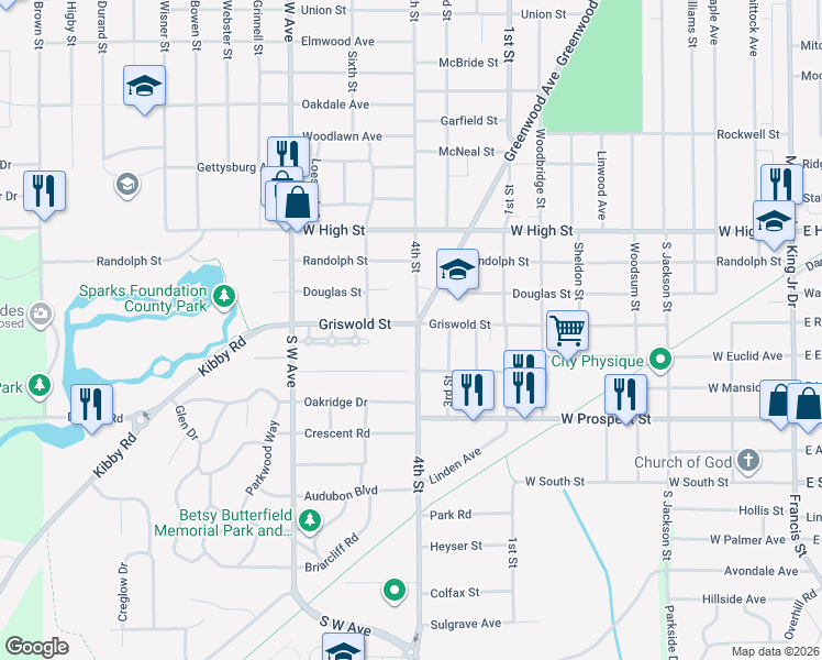 map of restaurants, bars, coffee shops, grocery stores, and more near 1602 4th Street in Jackson