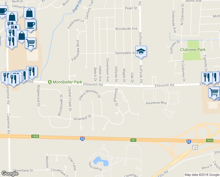 map of restaurants, bars, coffee shops, grocery stores, and more near 4751 Azalea Drive in Ypsilanti