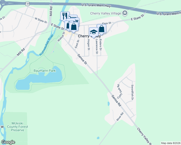 map of restaurants, bars, coffee shops, grocery stores, and more near 651 Genoa Street in Cherry Valley