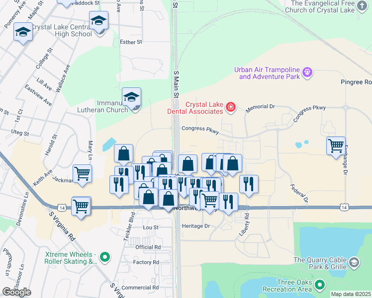 map of restaurants, bars, coffee shops, grocery stores, and more near 415 South Main Street in Crystal Lake
