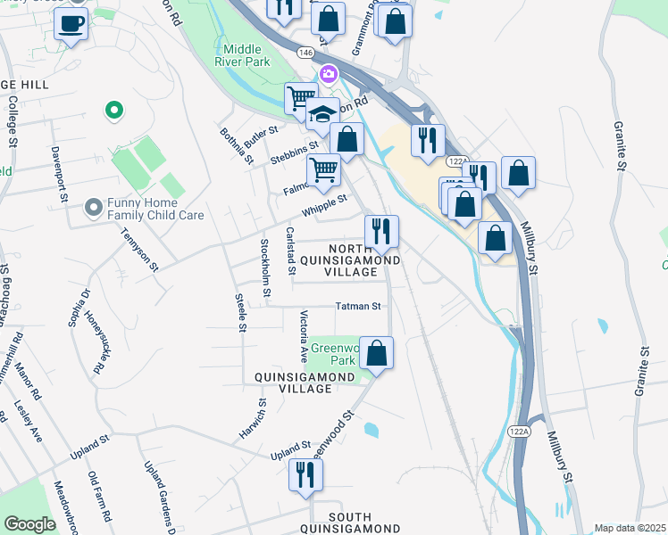 map of restaurants, bars, coffee shops, grocery stores, and more near 28 Kosta Street in Worcester