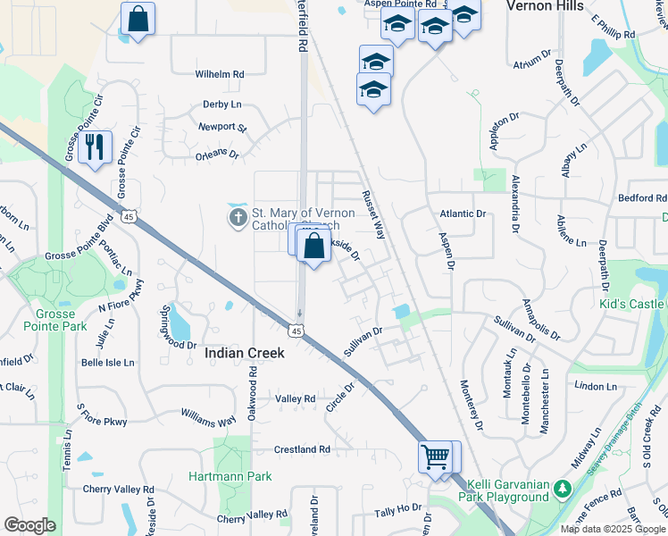 map of restaurants, bars, coffee shops, grocery stores, and more near 210 Redwood Court in Vernon Hills