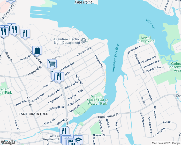 map of restaurants, bars, coffee shops, grocery stores, and more near 111 Arborway Drive in Braintree