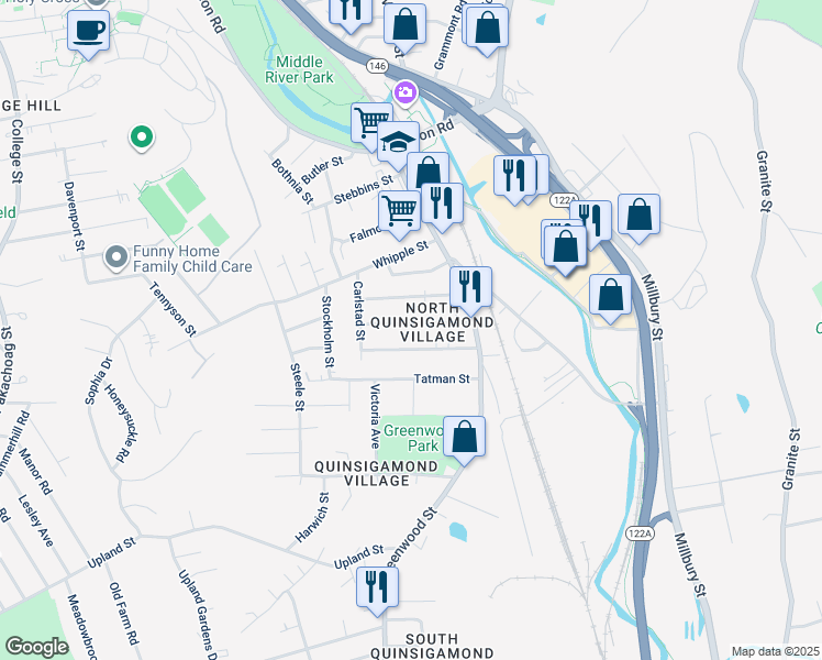 map of restaurants, bars, coffee shops, grocery stores, and more near 28 Kosta Street in Worcester