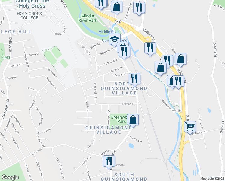 map of restaurants, bars, coffee shops, grocery stores, and more near 28 Kosta Street in Worcester