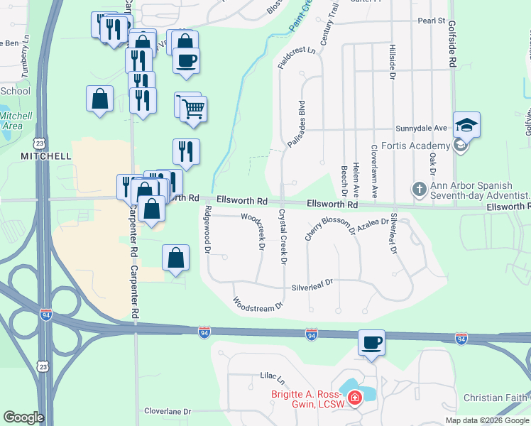 map of restaurants, bars, coffee shops, grocery stores, and more near 4074 Crystal Creek Drive in Ypsilanti
