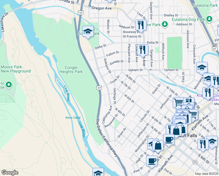 map of restaurants, bars, coffee shops, grocery stores, and more near 1131 California Avenue in Klamath Falls