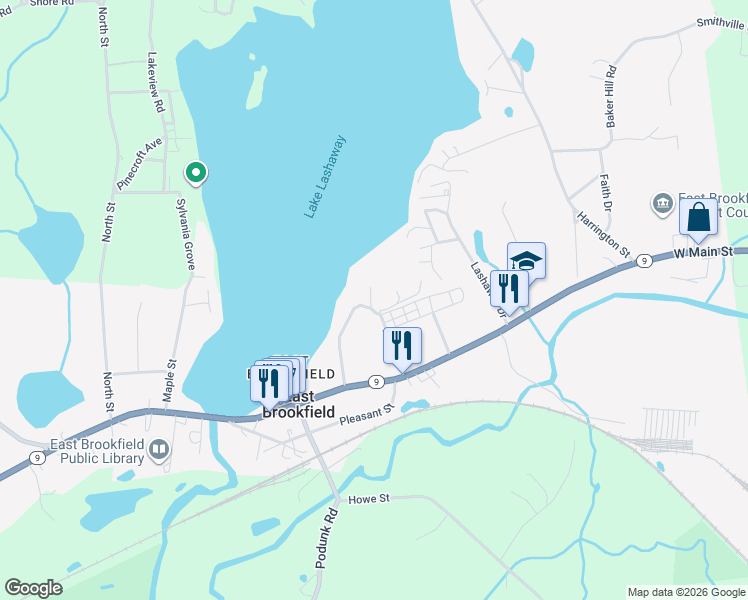 map of restaurants, bars, coffee shops, grocery stores, and more near 139 Gleason Avenue in East Brookfield