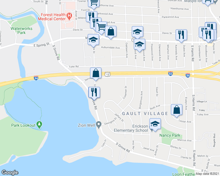 map of restaurants, bars, coffee shops, grocery stores, and more near 1005 Emerick Street in Ypsilanti