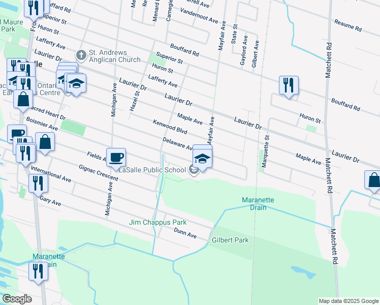 map of restaurants, bars, coffee shops, grocery stores, and more near 564 Delaware Avenue in Windsor