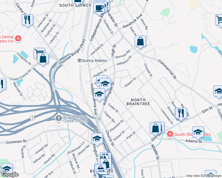 map of restaurants, bars, coffee shops, grocery stores, and more near 55 Washington Street in Braintree