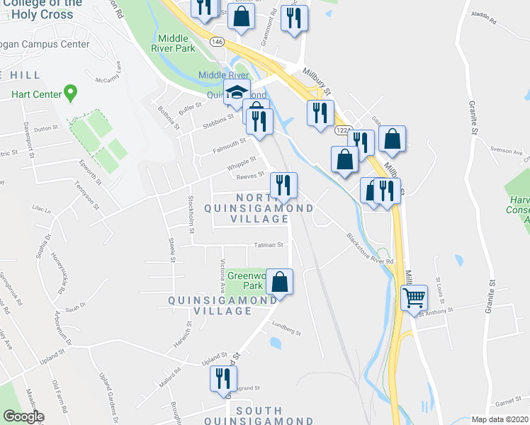 map of restaurants, bars, coffee shops, grocery stores, and more near 10 Halmstad Street in Worcester