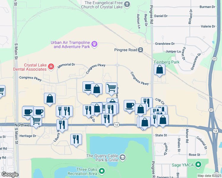 map of restaurants, bars, coffee shops, grocery stores, and more near 360 Station Drive in Crystal Lake