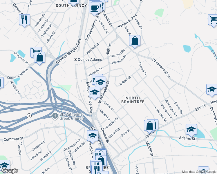 map of restaurants, bars, coffee shops, grocery stores, and more near 196 Hawthorn Road in Braintree