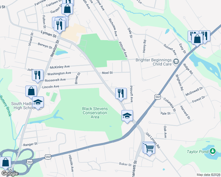 map of restaurants, bars, coffee shops, grocery stores, and more near 39 Highway 33 in South Hadley