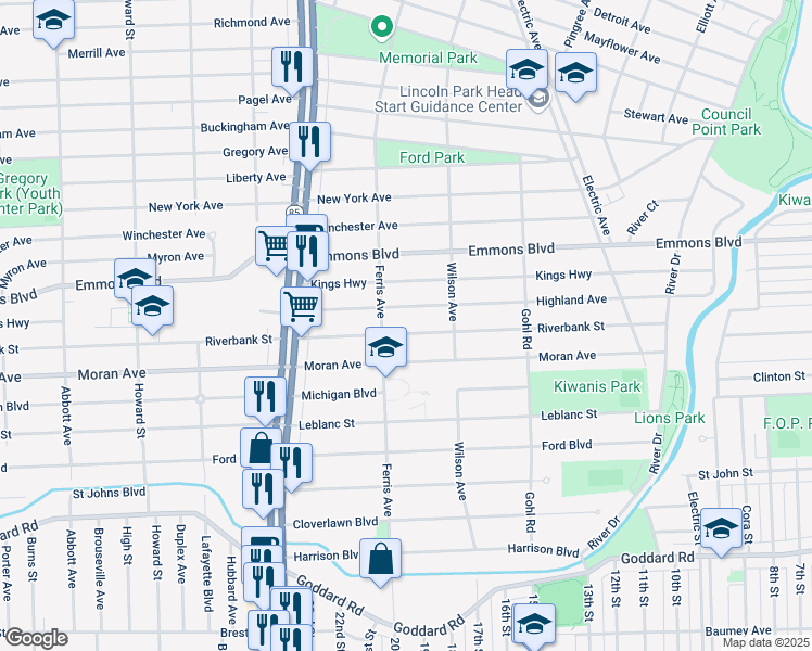 map of restaurants, bars, coffee shops, grocery stores, and more near 981 Riverbank Street in Lincoln Park