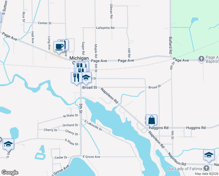 map of restaurants, bars, coffee shops, grocery stores, and more near 241 Broad Street in Michigan Center