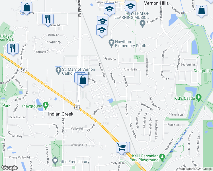 map of restaurants, bars, coffee shops, grocery stores, and more near 300 Westwood Court in Vernon Hills