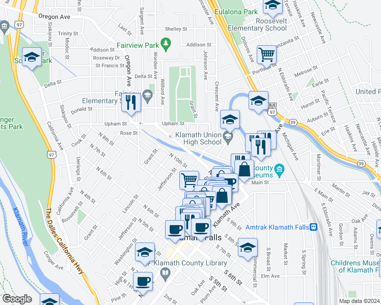 map of restaurants, bars, coffee shops, grocery stores, and more near 452 North 11th Street in Klamath Falls