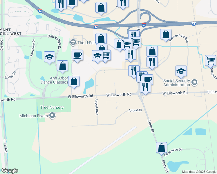 map of restaurants, bars, coffee shops, grocery stores, and more near 2306 West Ellsworth Road in Ann Arbor