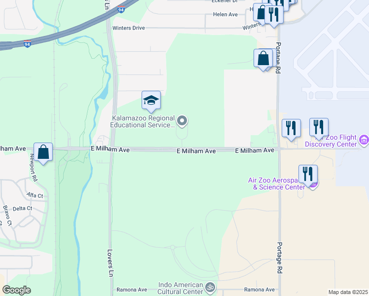 map of restaurants, bars, coffee shops, grocery stores, and more near 1819 East Milham Avenue in Portage