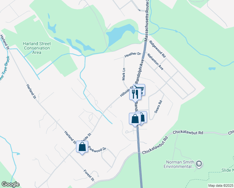 map of restaurants, bars, coffee shops, grocery stores, and more near 47 Hillside Street in Milton