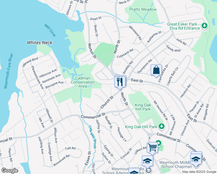 map of restaurants, bars, coffee shops, grocery stores, and more near 21 Church Street in Weymouth