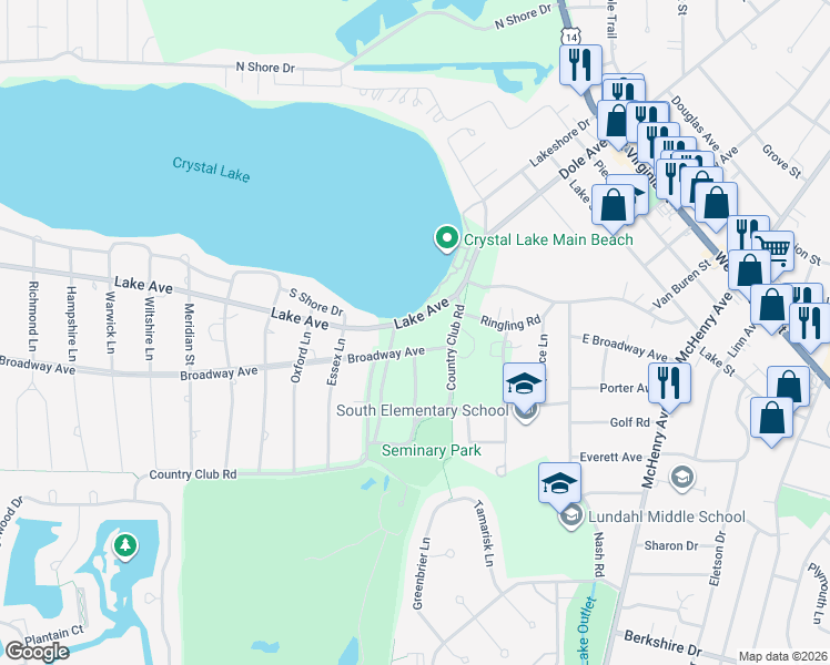 map of restaurants, bars, coffee shops, grocery stores, and more near 671 Broadway Avenue in Crystal Lake