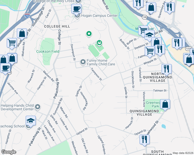 map of restaurants, bars, coffee shops, grocery stores, and more near 134 Whipple Street in Worcester