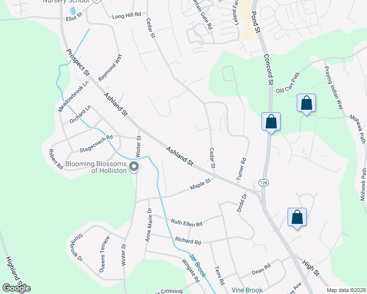 map of restaurants, bars, coffee shops, grocery stores, and more near 176 Ashland Street in Holliston
