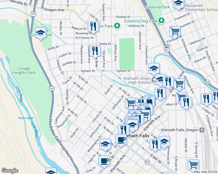 map of restaurants, bars, coffee shops, grocery stores, and more near 604 North 9th Street in Klamath Falls